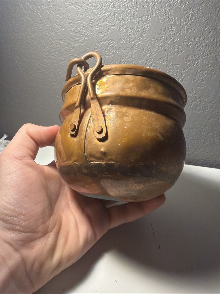 Vintage Solid Copper Cauldron Pot with Swing Handle Rustic Farmhouse Decor