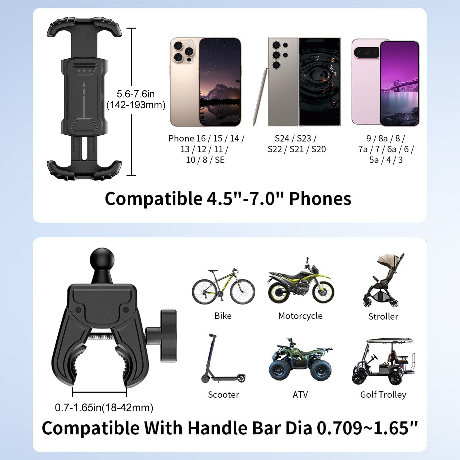 360°Rotation Motorcycle Phone Mount Double Lock Anti-Shake Bike GPS Phone Holder