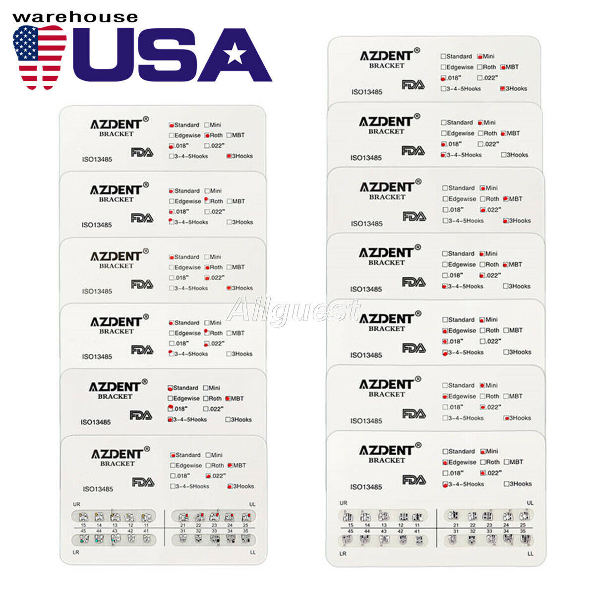 10 Packs AZDENT Dental Metal Brackets Mini/Standard MBT/Roth 022/018 Hooks 3/345