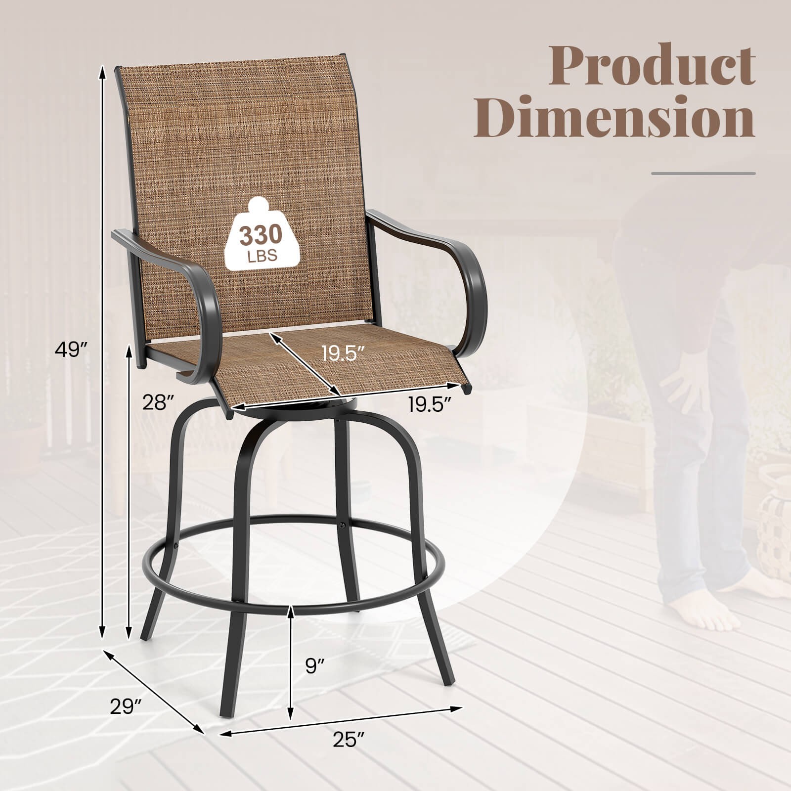 Outdoor Swivel Bar Stool Set of 4 w/Breathable Fabric and Heavy Duty Metal Frame