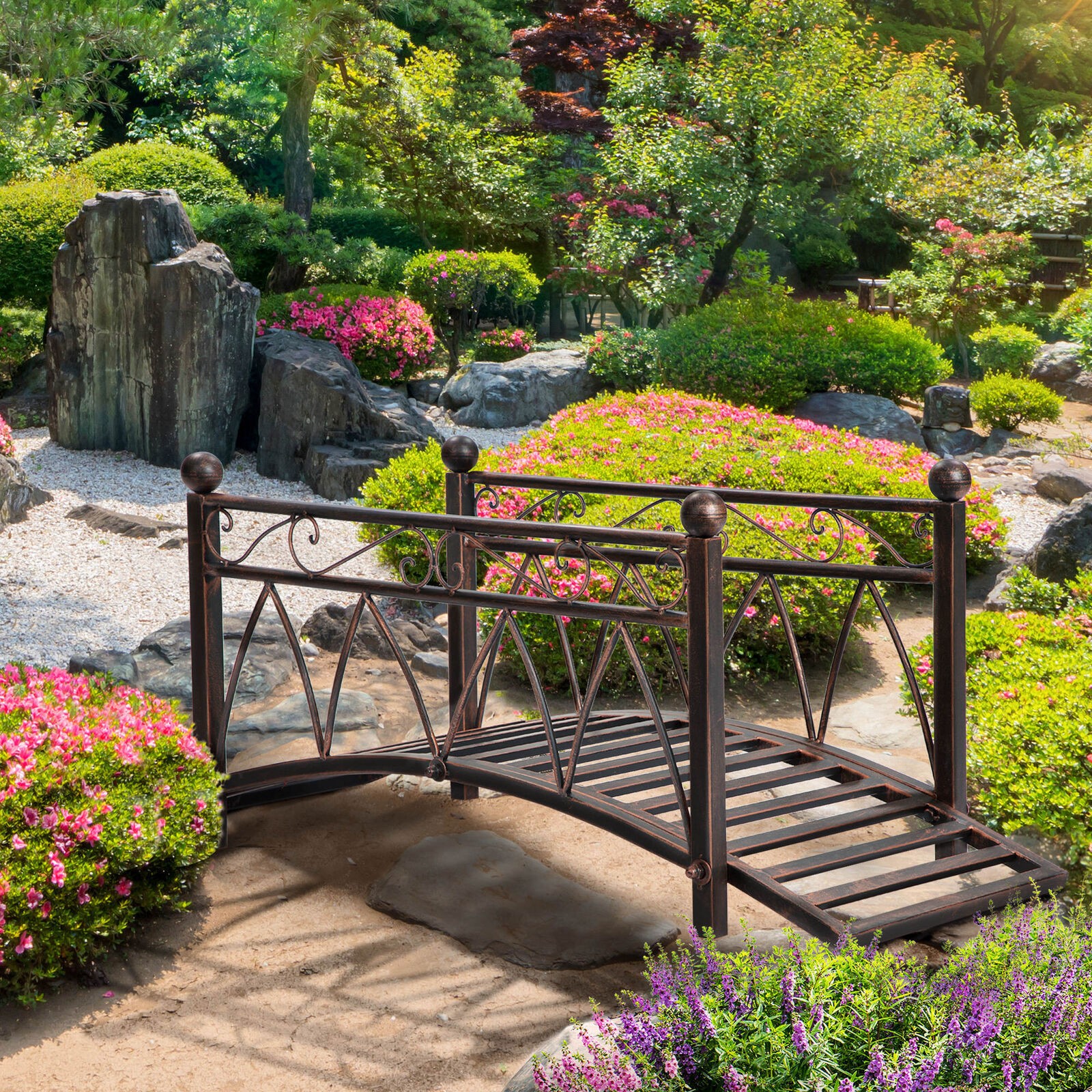 3.3 ft Metal Garden Bridge Safety Railing with Spherical & Scrollwork for Ponds