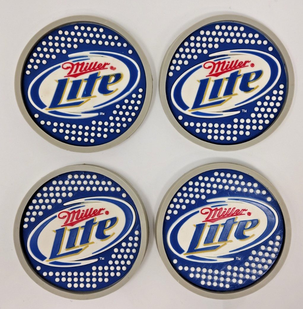 Miller Lite Rubber Beer Coaster Set of 4 Durable Washable Stocking Stuffer Bar
