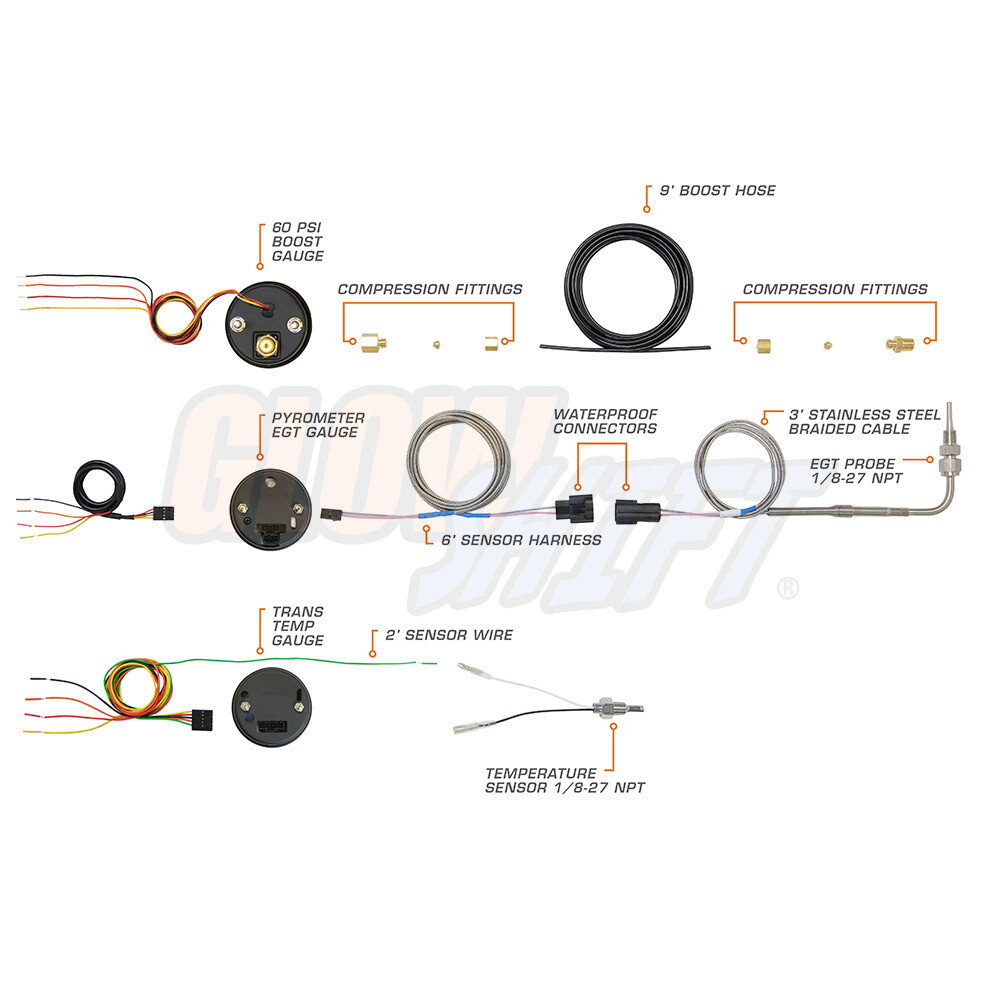 White 7 Color Diesel Gauge Set - Boost, Pyrometer EGT, Trans Temp