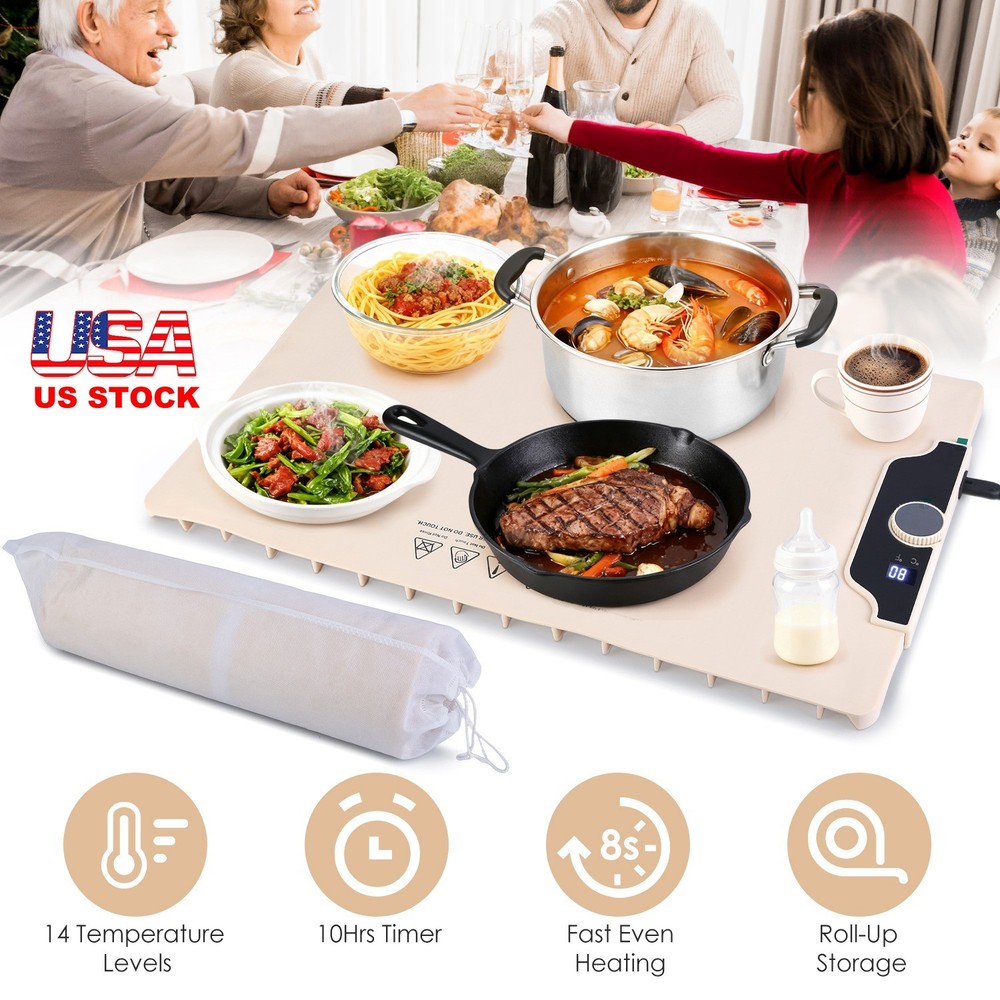 Electric Food Warming Tray Adjustable Temperature Timer Portable Heating Mat
