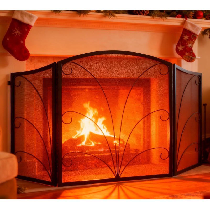 Arched Fireplace Screen Decorative, Handcrafted Scroll Wrought Iron Fireplace