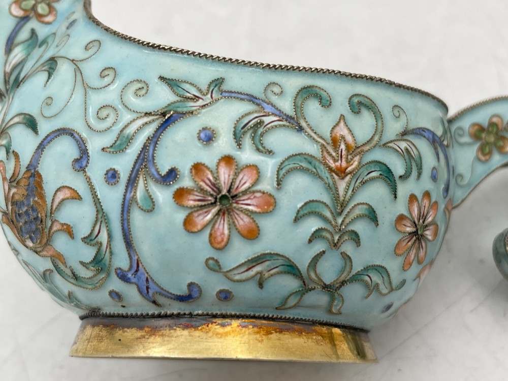 Russian Blue Cloisonne Enamel Silver Kovsh