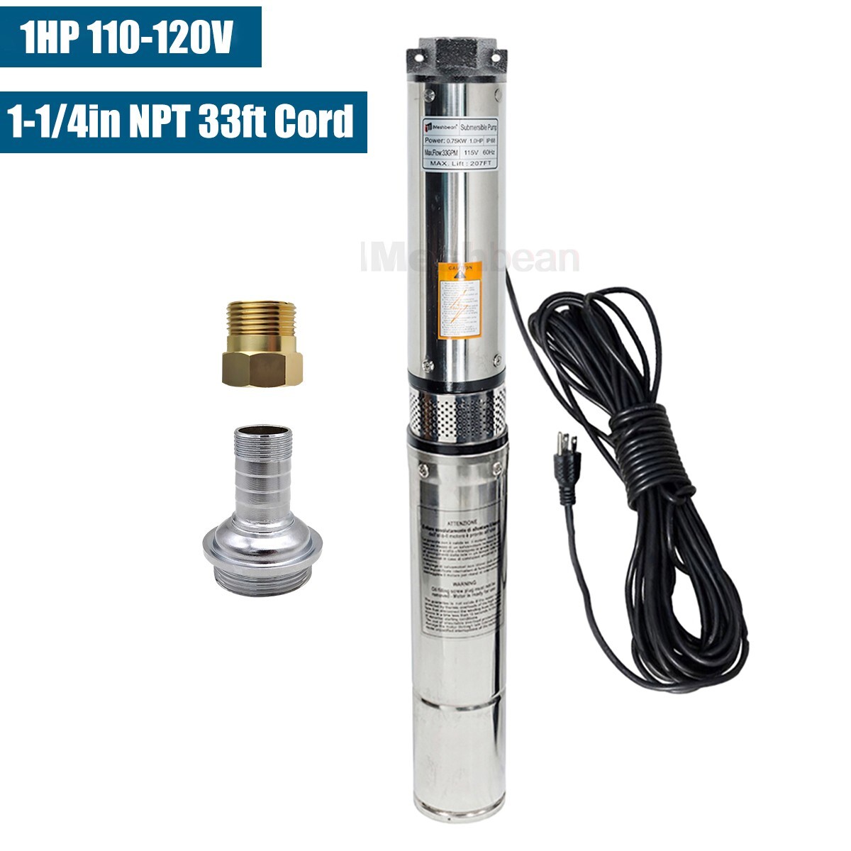 1 HP 4" Deep Well Submersible Pump ,115V, 33 GPM, 276FT ,60Hz,Stainless Steel