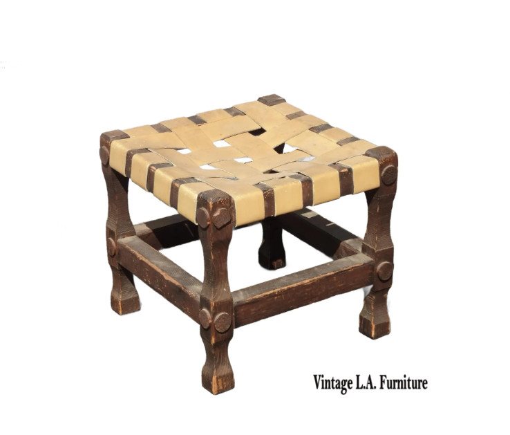 Vintage Rustic Spanish Style Stool Bench with Leather Straps