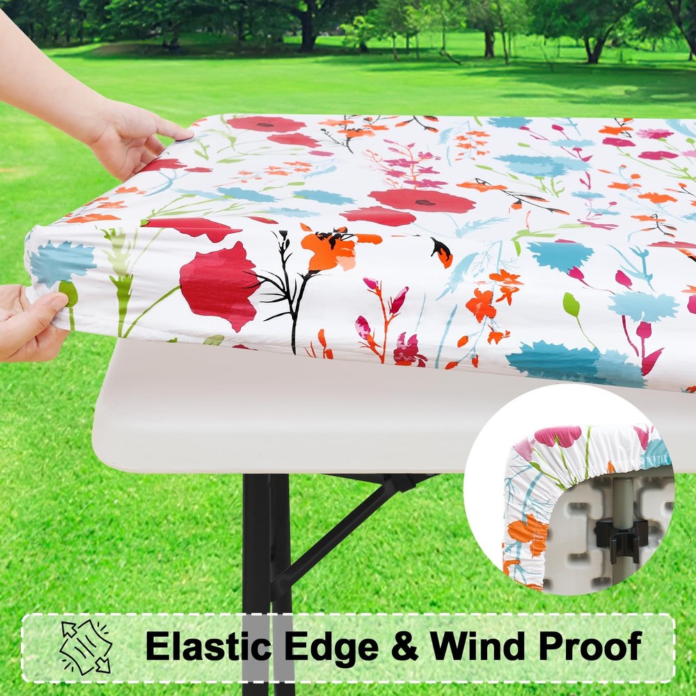 Rectangle Vinyl Tablecloth, Fitted Table Cover, 100% Waterproof, Elastic Edge...
