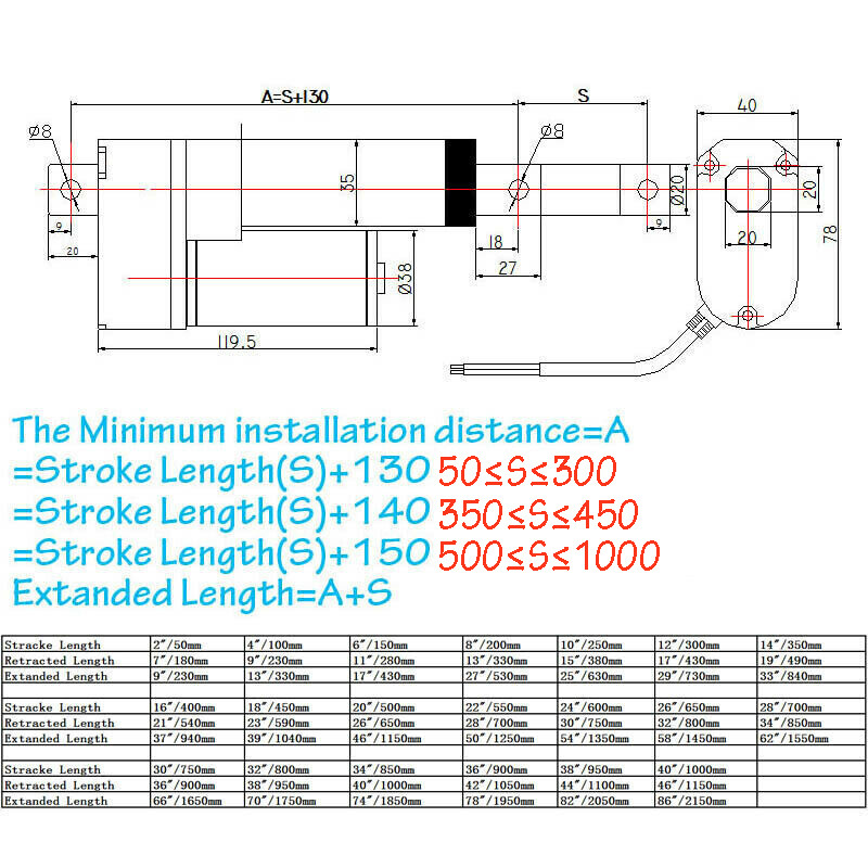 DC 12V Electric Linear Actuator Motor 3000N 660lb 2"~ 40" Heavy Duty Fast IP65