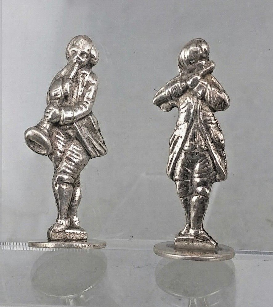 Two Place card holder solid silver miniature figures flute and clarinet player