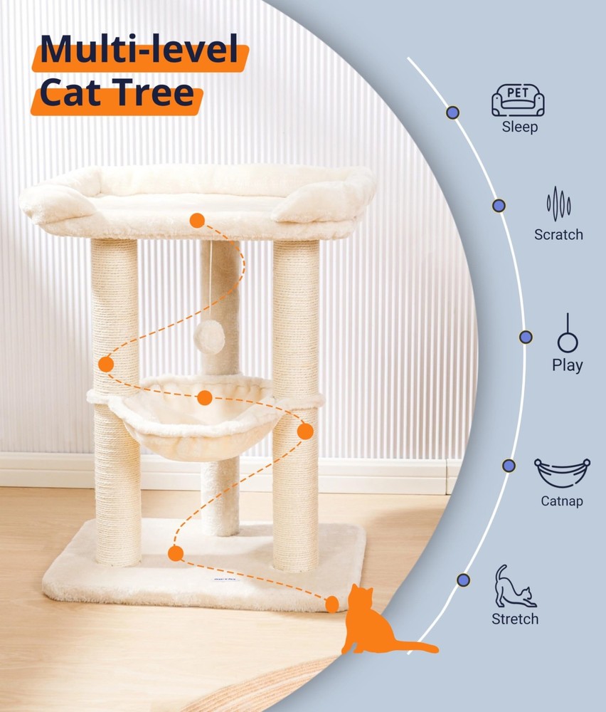 28" Cat Tree Tower, Tall Cat Scratching Post with Soft Perch for Window Viewi...