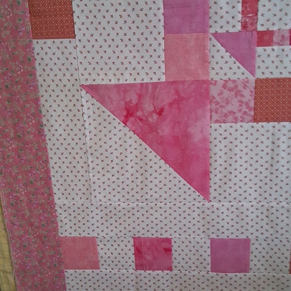 Handmade Patchwork Pink and White Cotton Quilt Original Pattern Geometric Design