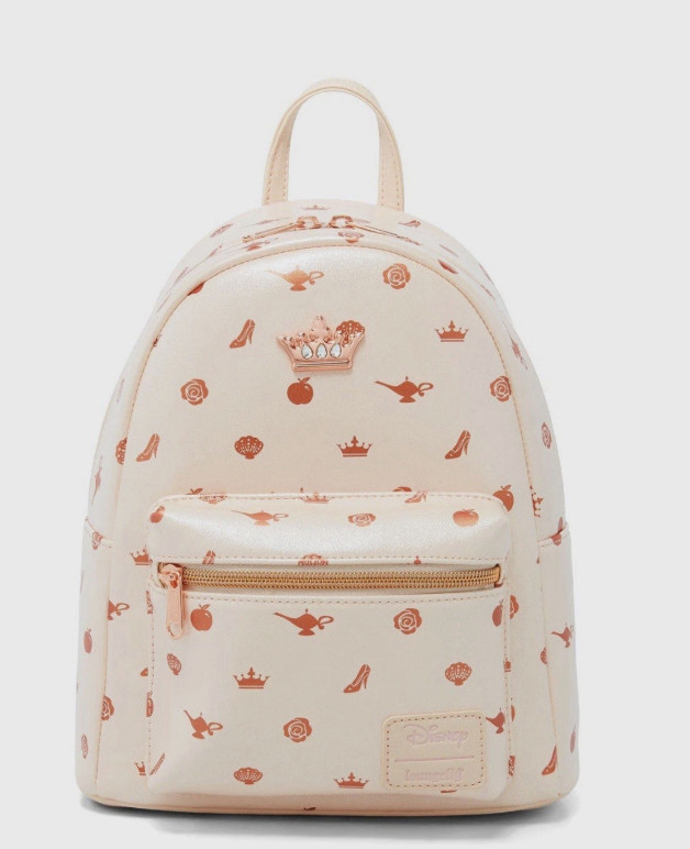 Loungefly Mini Backpack: Princess Icon Iridescent Pink Rose Gold Crown Print