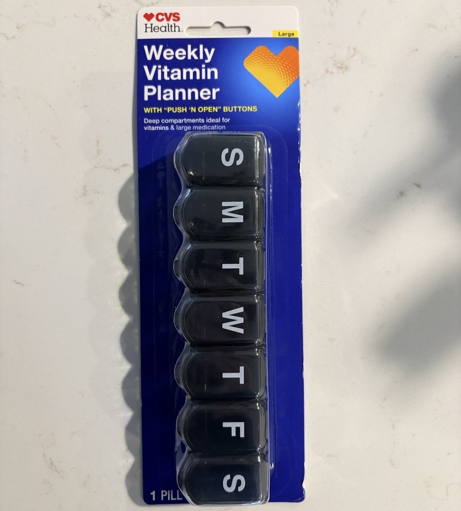 Weekly Vitamin Container Planner Case & Pill Box, Large, Push Open, Black