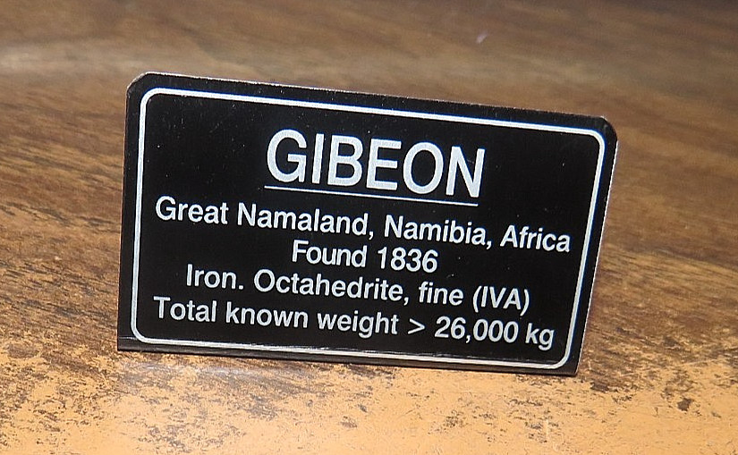 GIBEON meteorite display label, Aluminum