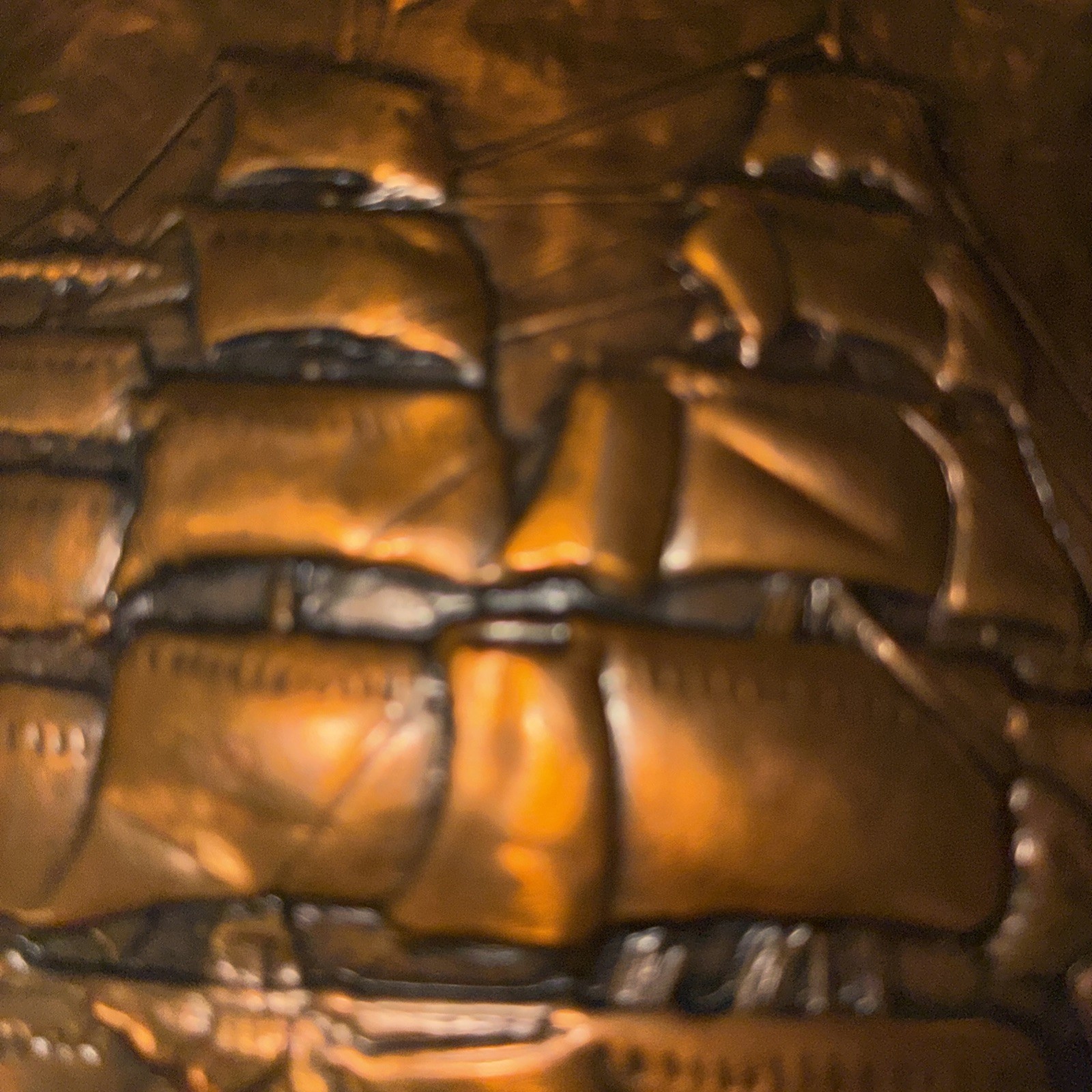 Vintage Copper Metal Embossed Sailing Ship On Wooden Plaque 3D 4.75” Square