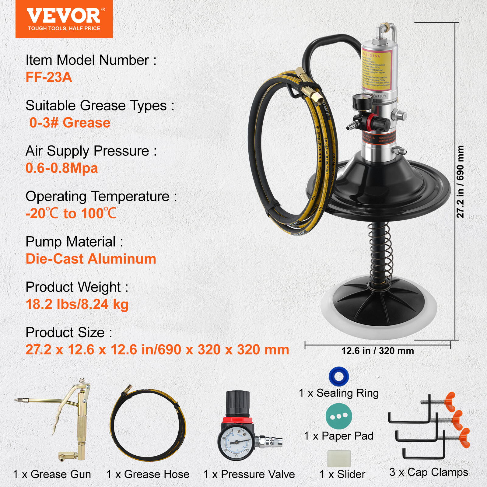 VEVOR Grease Pump Air Operated Grease Pump 0.6-0.8Mpa 13 ft Hose with Barrel Cap