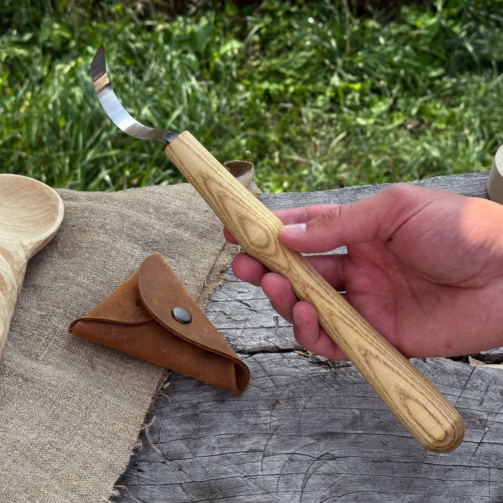 Long Hook Carving Knife 2.36'' Blade For Bowls Spoons Carbon Steel Ash Handle