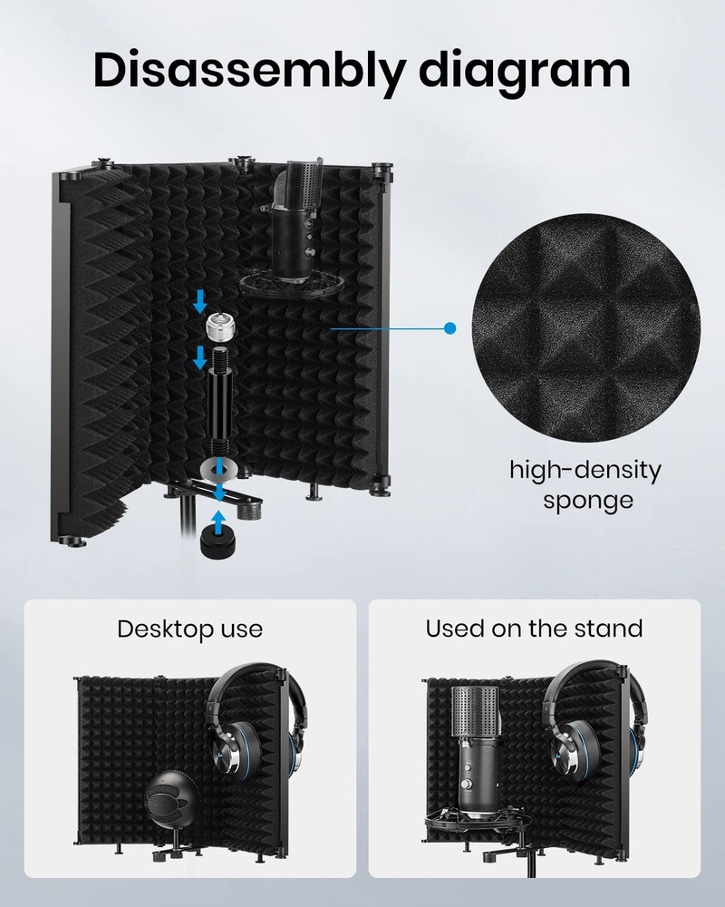 Foldable Microphone Isolation Shield with Triple Sound Insulation for Studios