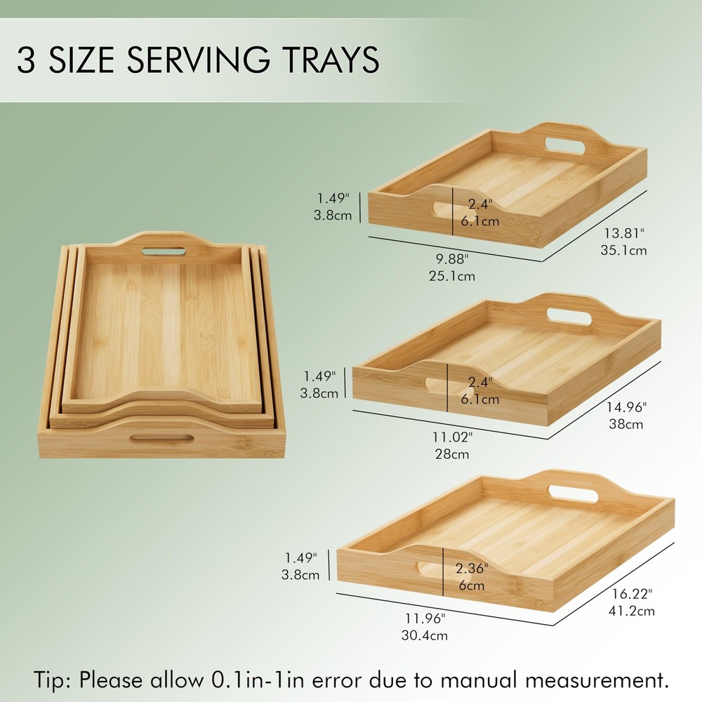 3 Pack Serving Tray with Handles, 3 Sizes Nestable Rectangular Tray Easy Carr...