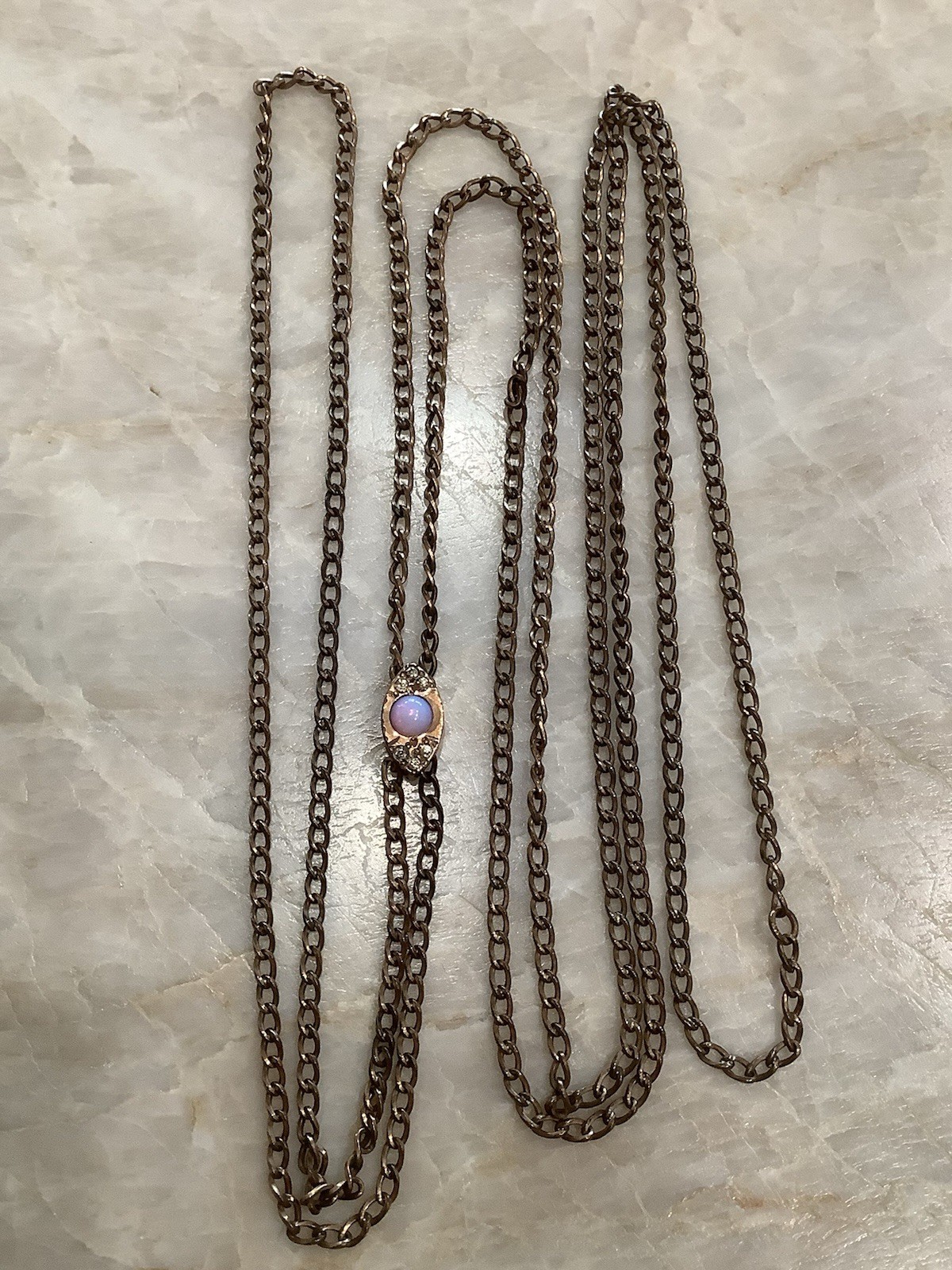 Vintage Antique Rose Gold Filled 46" Watch Chain & Opal Diamonds Slide