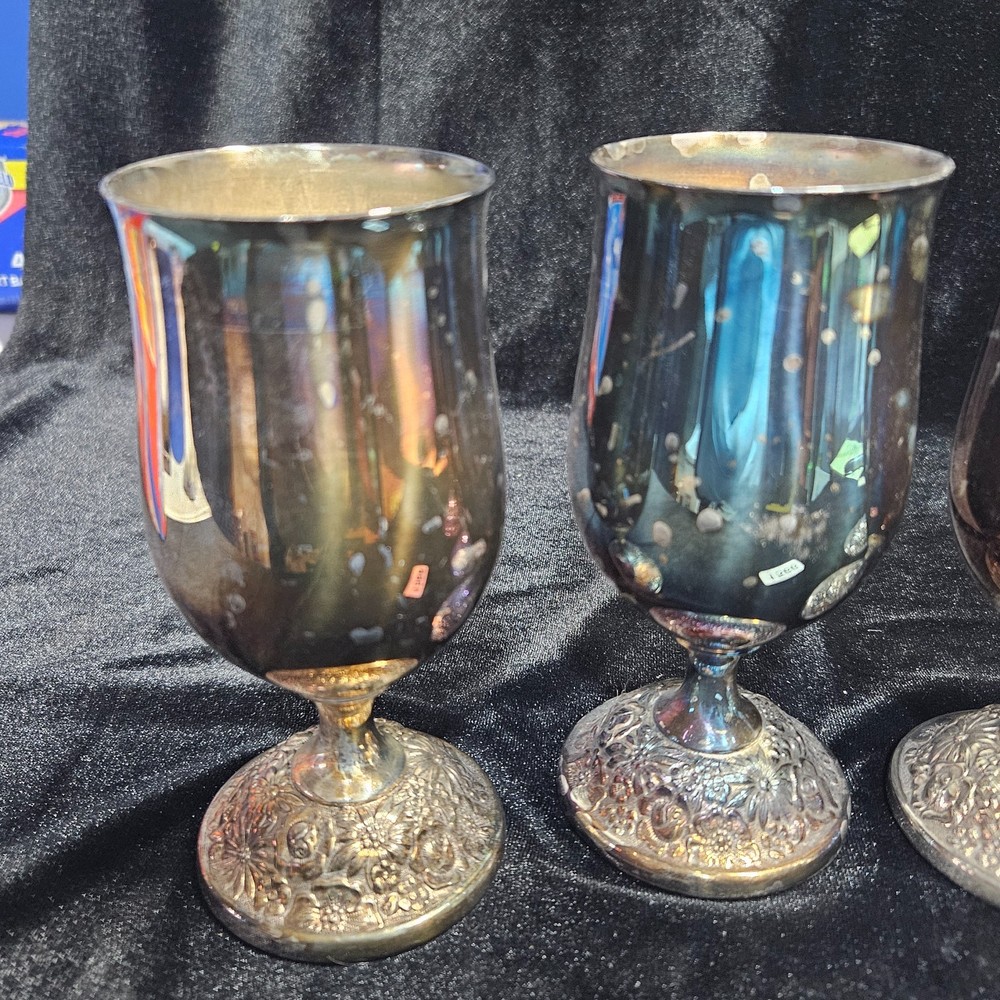 4 Vintage Silverplate Goblets - Engraved Bottoms - 5.75" High