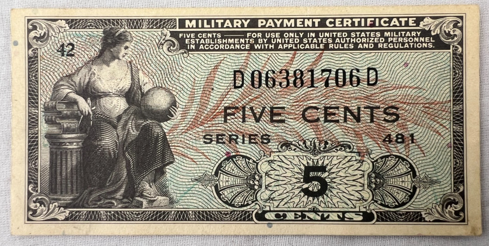 MPC Series 481 Military Payment Certificate 5 Cent