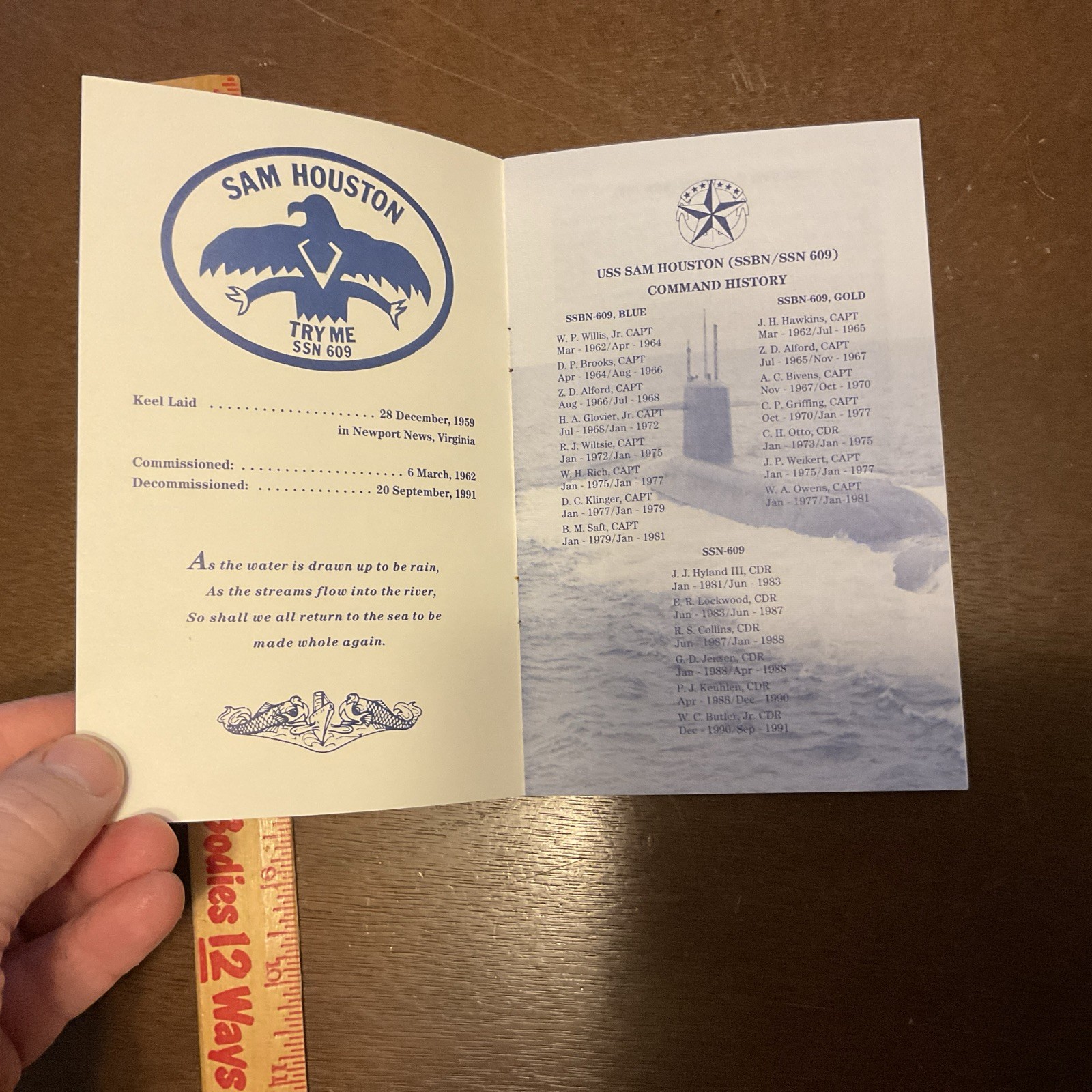 1991 Decommissioning Ceremony USS SAM HOUSTON SSN 609 Handout Pamphlet Vintage