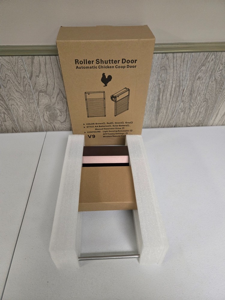 V9 Solar Powered Roller Shutter Automatic Chicken Coop Door w/ Remote - Brown