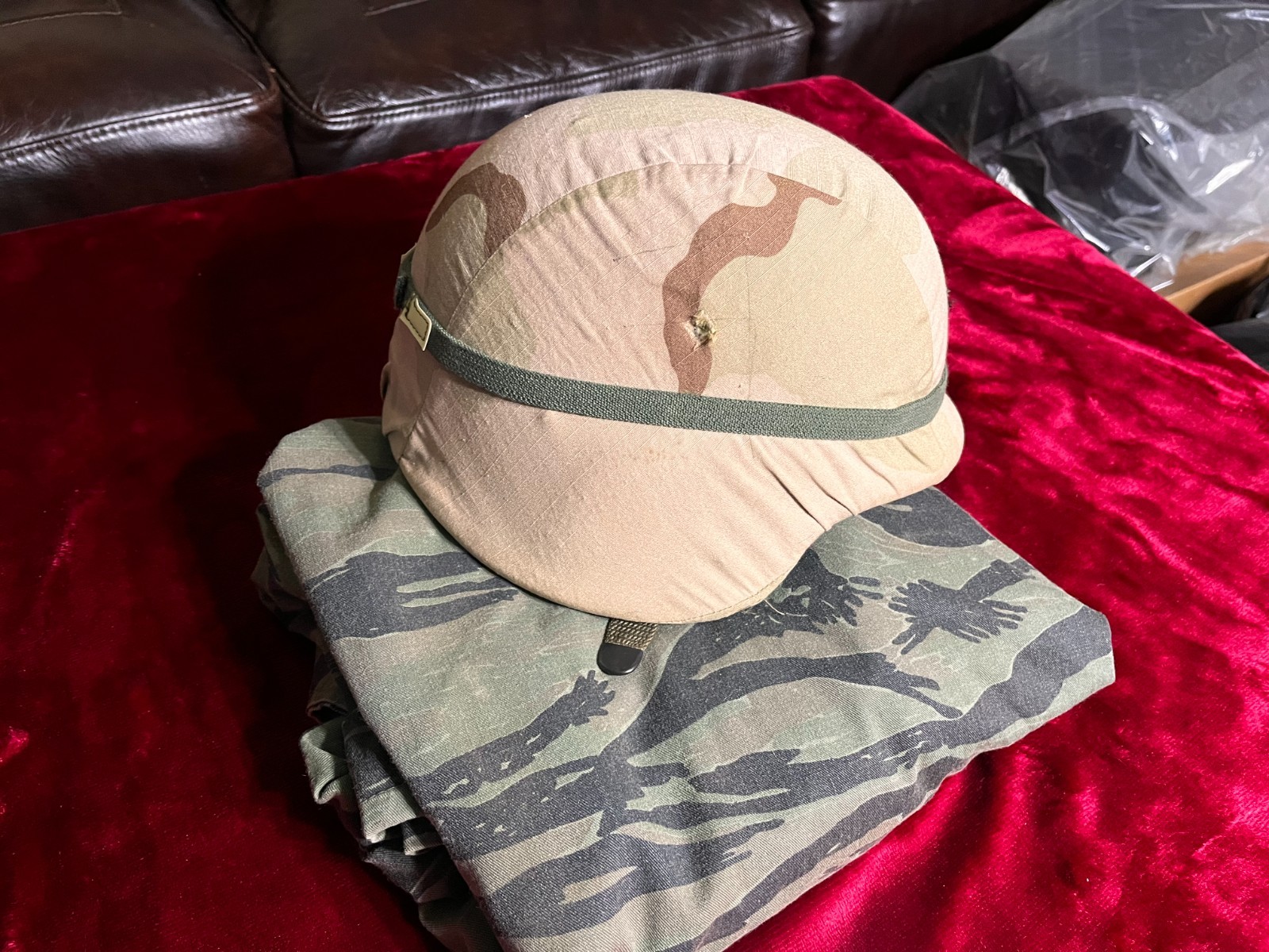 PASGT Helmet Cover Battle Damaged Iraq Desert Storm and OPFOR Shirt US Army OBO