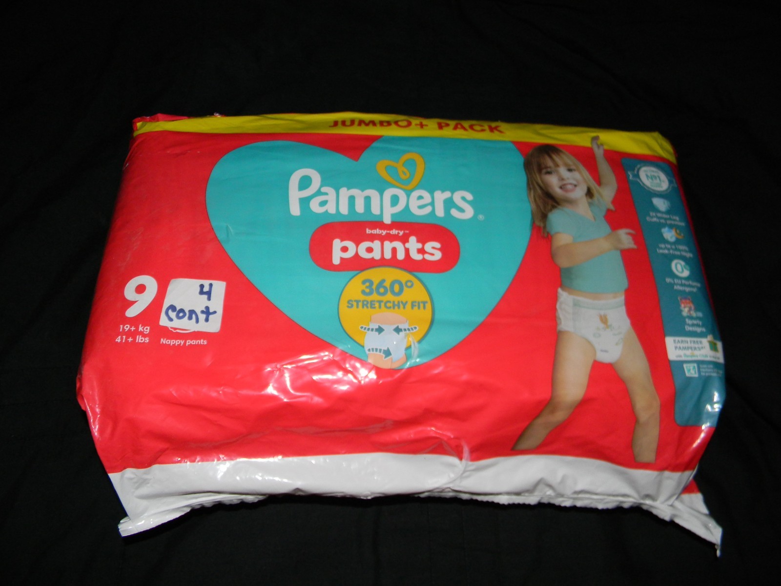 4 Pampers size 9 pants 41+Lbs. made to fit 32 in waist easy.