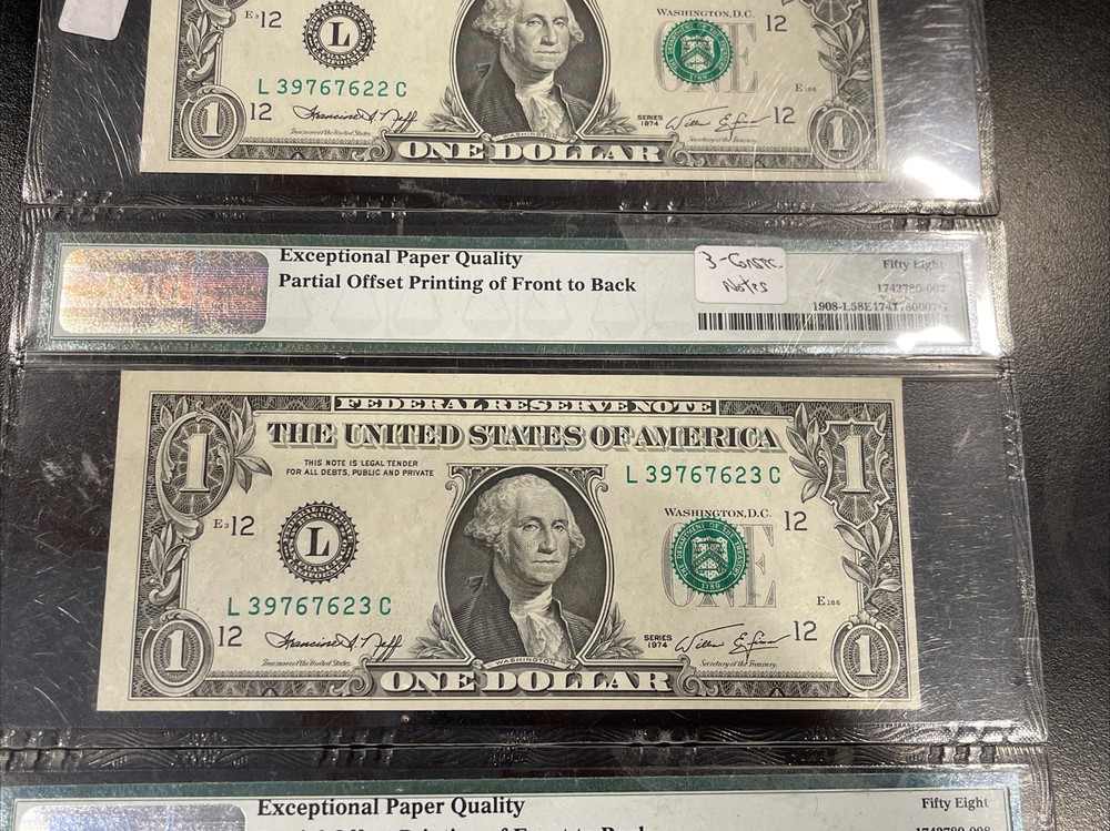 3x Error PMG 58 EPQ FRN $1 Consecutive Serial Notes 1974