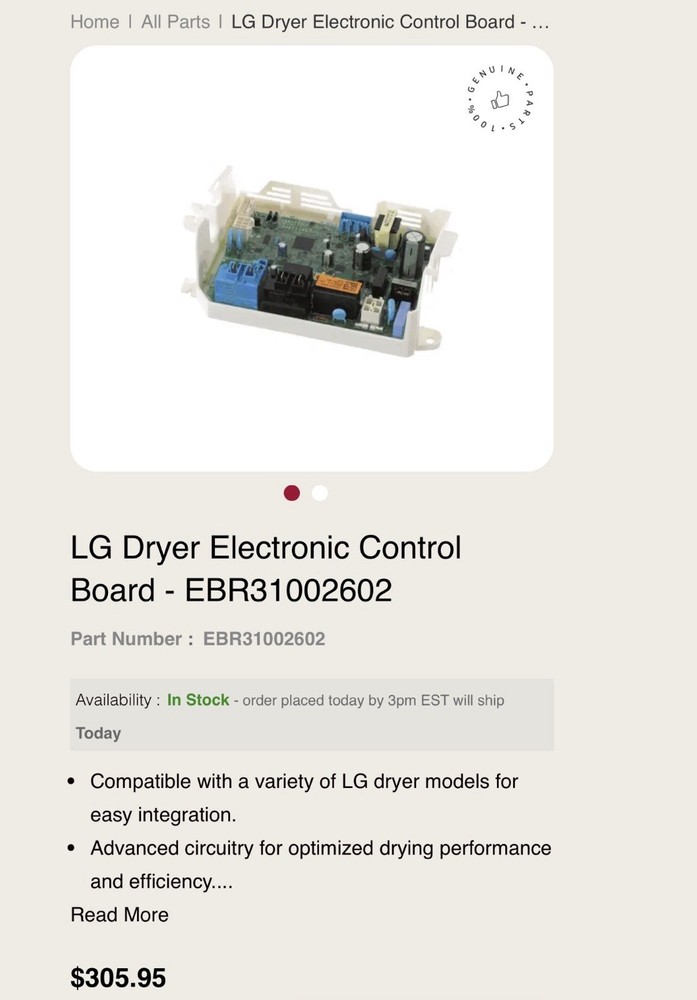 LG Dryer Electronic Control Board EBR31002602 OEM