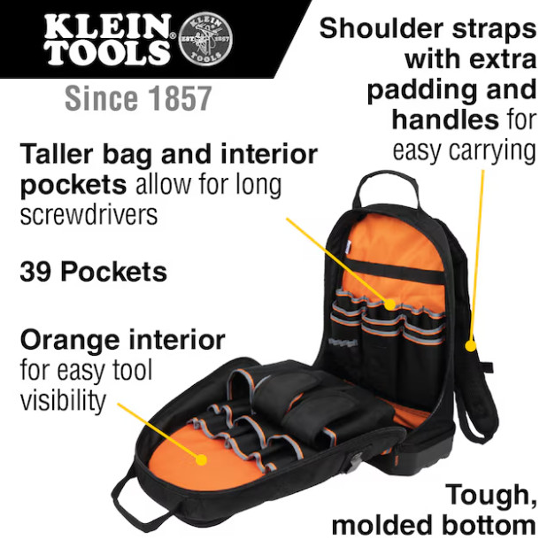 Klein Tools Tradesman Pro Tool Bag Backpack, 39 Pockets, Black, 14-Inch
