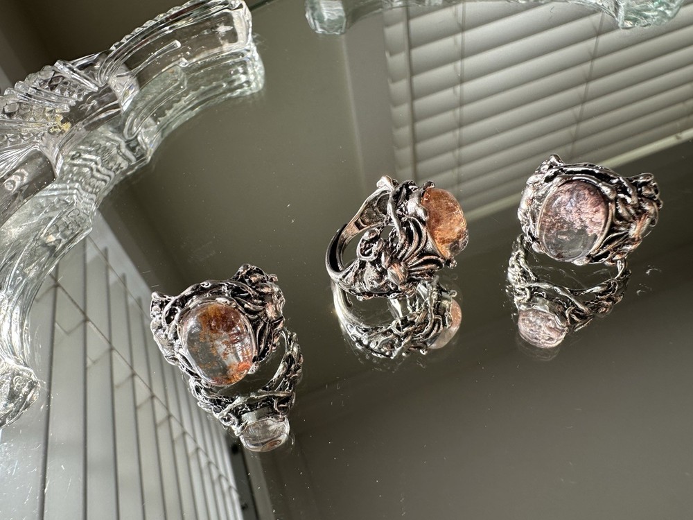 3x Natural Phantom Quartz Ring Adjustable Brass