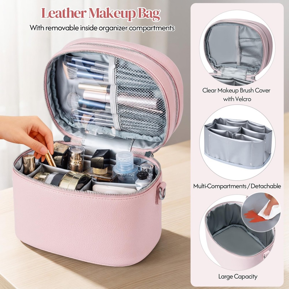 Leather Makeup Bag Organizer Double Layer Vanity Bag Large Capacity with Comp...