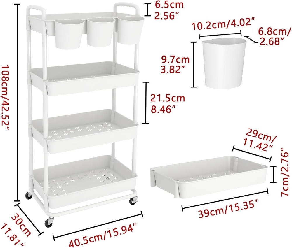 Compact 4-Tier Utility Rolling Cart with Lockable Wheels for Easy Mobility
