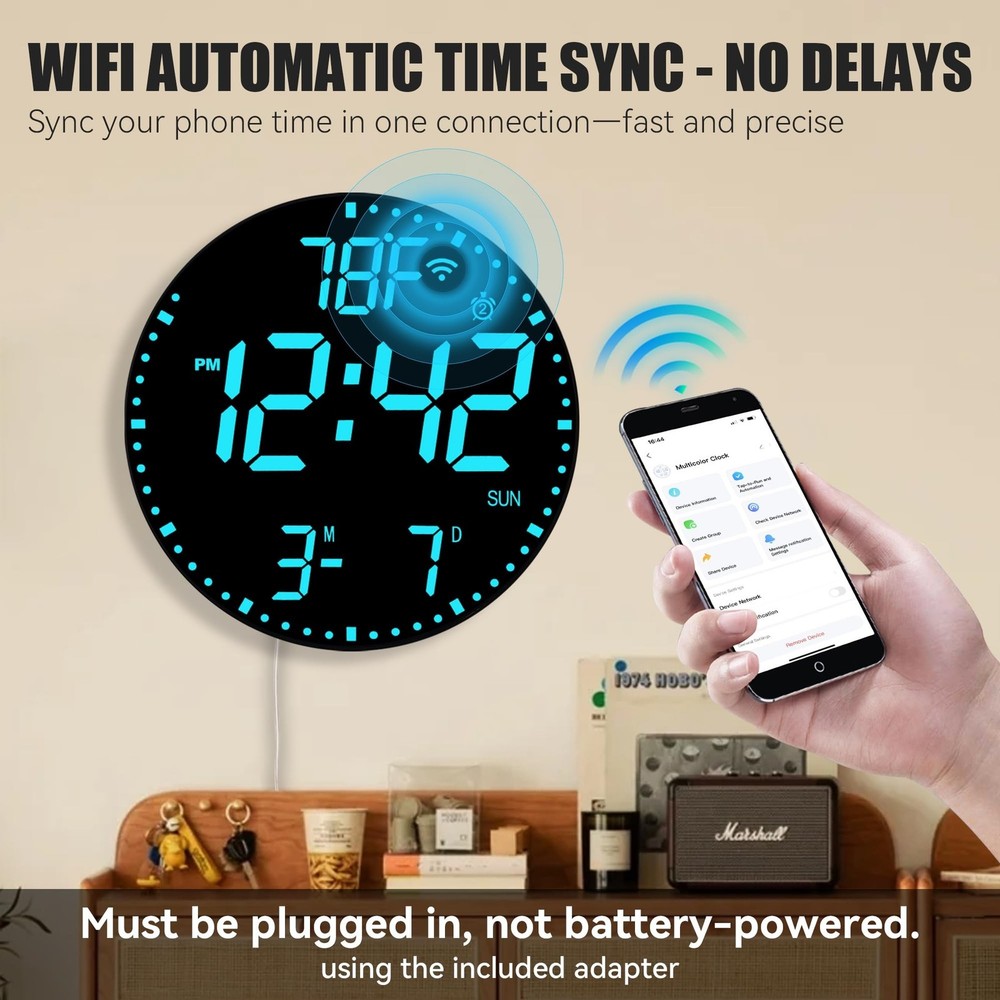Kasbin 12” Digital Wall Clock with App Control, Large LED, WiFi Sync, Date