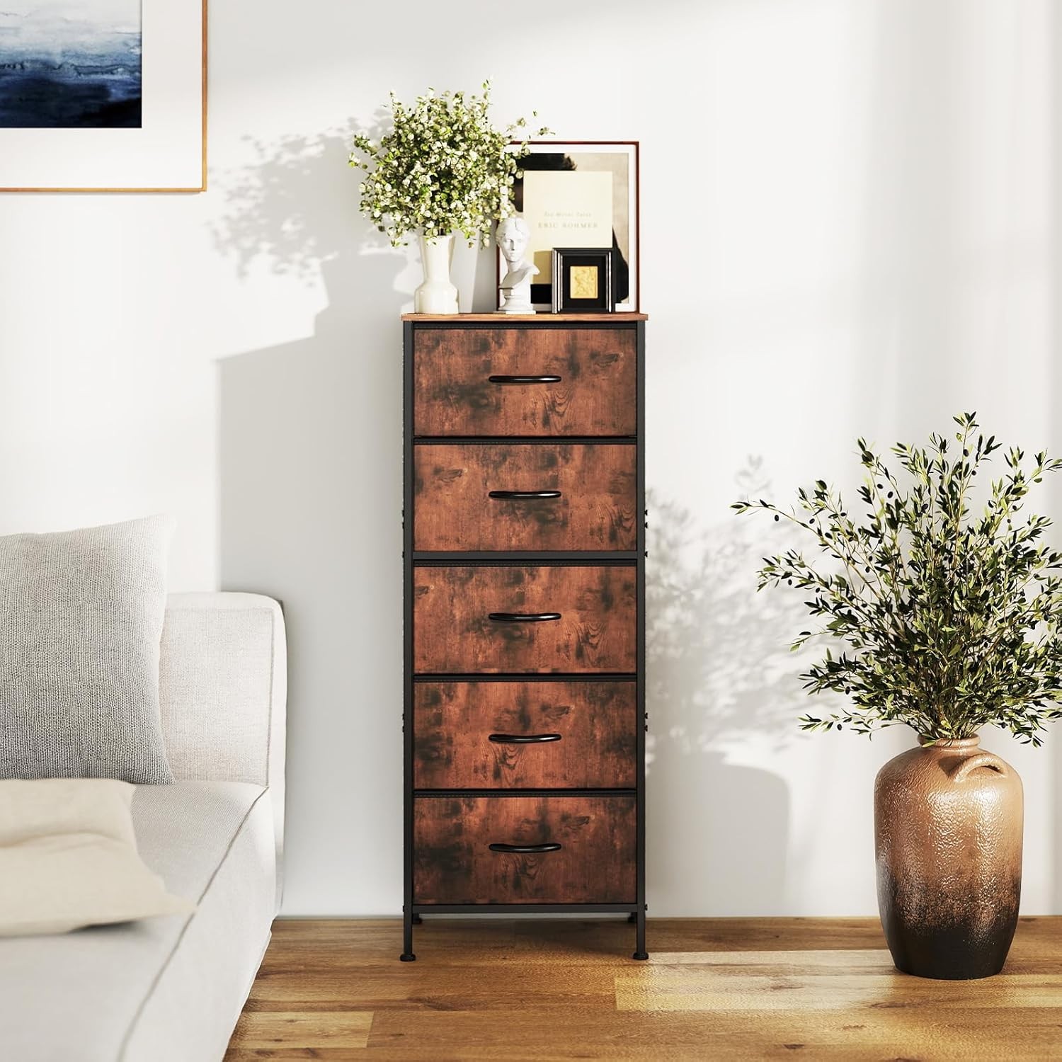 5 Drawer Dresser with Fabric Bins Sturdy Steel Frame Storage Organizer Chest