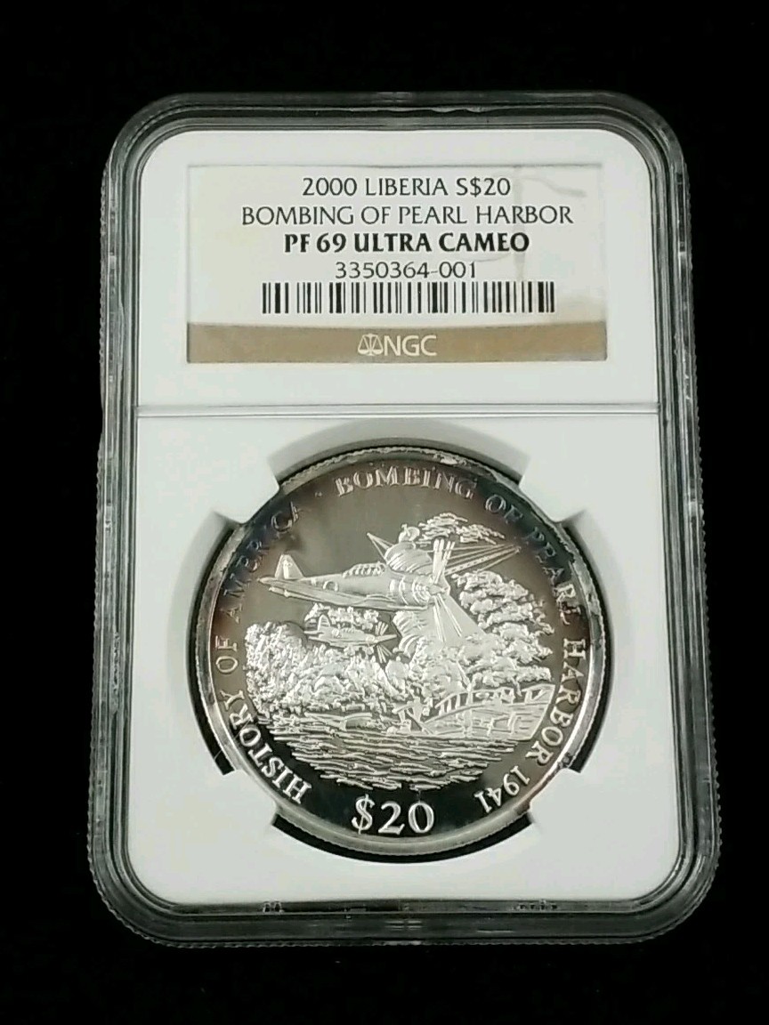2000 LIBERIA S$20 'Bombing of Pearl Harbor' NGC PF 69UCAM .999 Proof Toned #6943