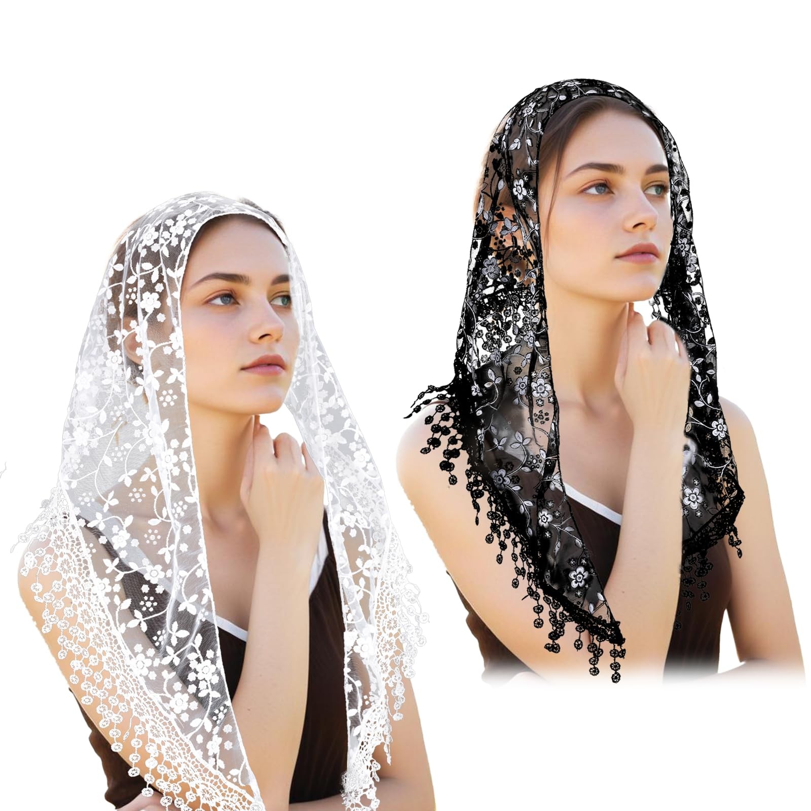 JJUNW 2 Pcs Mass Veil Triangle Mantilla Cathedral Head Large, Black,white