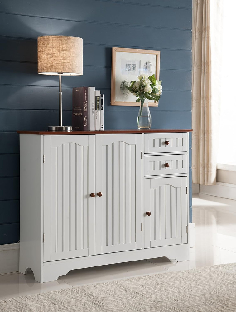 Elegant White/Walnut Kitchen Pantry Sideboard Buffet Storage Cabinet