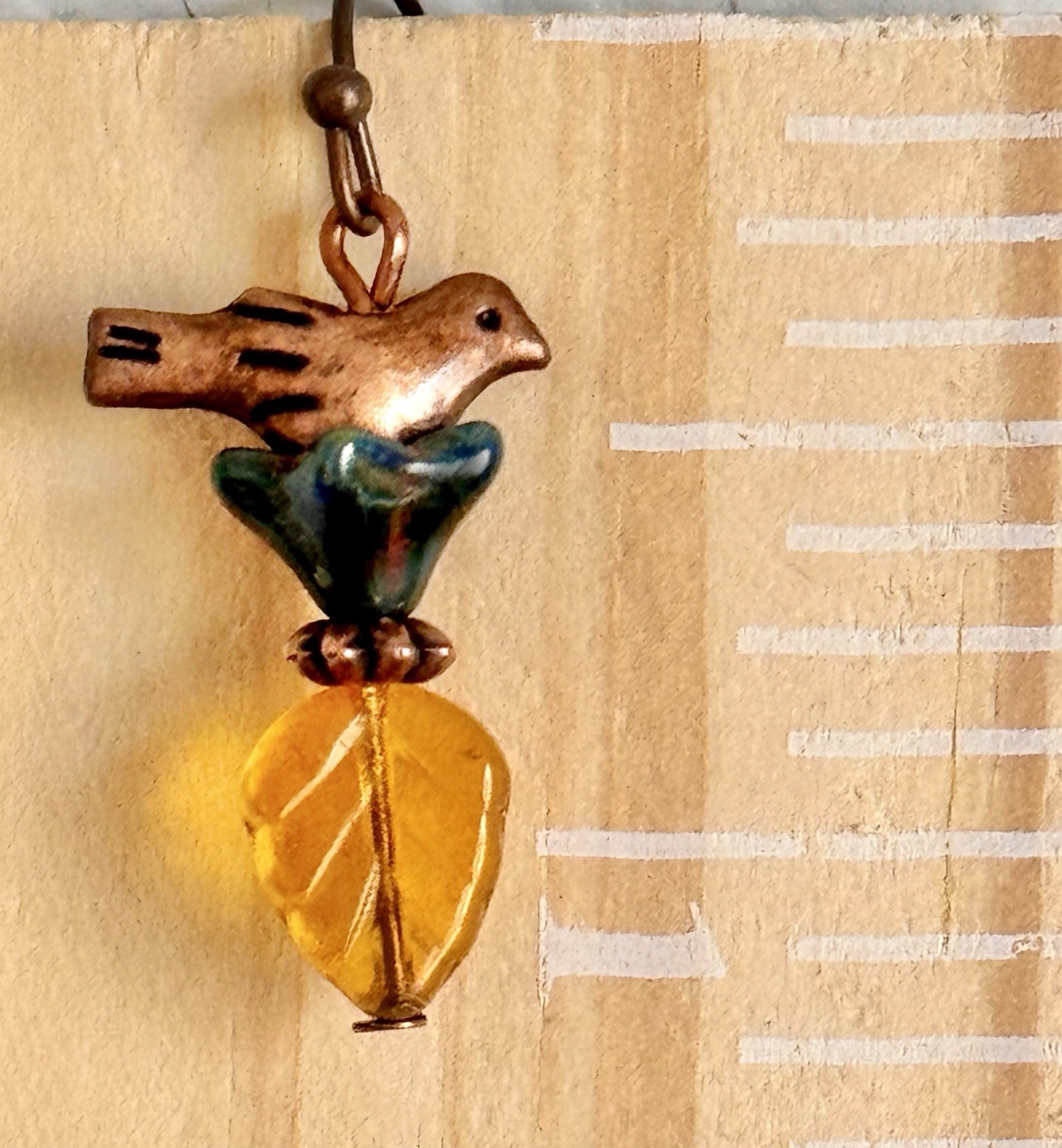 Copper Bird Dangle Earrings. Deep Blue Green Flower with Golden Leaf. Love Doves