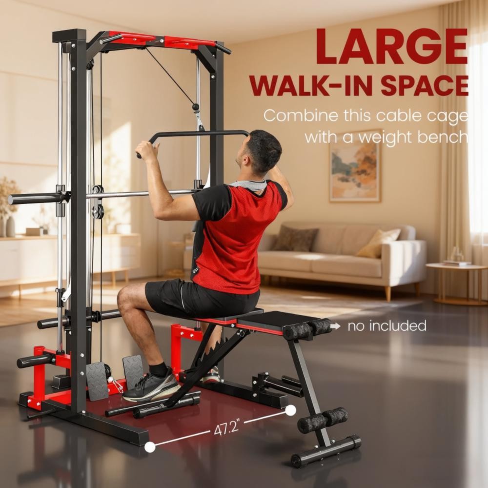 Power Cage Squat Rack w/ Lat Pulldown, Pull Up Bar, Landmine - 132lb Capacity