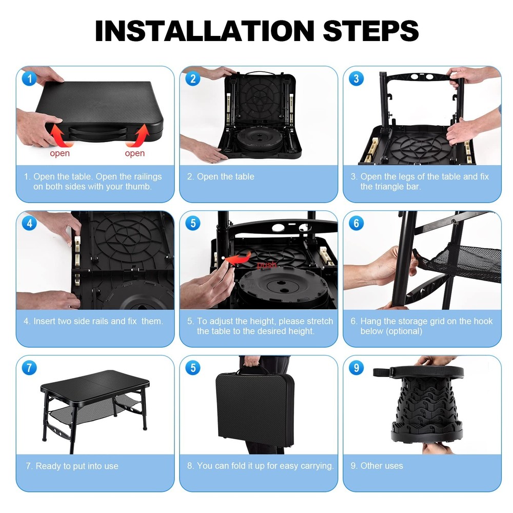 KPR Retractable Small Folding Table and Stool Set, Portable Camping Foldable ...