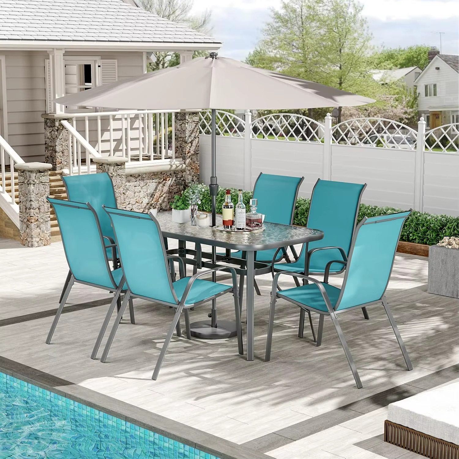 7pc Patio Dining Set Outdoor Table Chairs Umbrella Hole Stackable Textilene