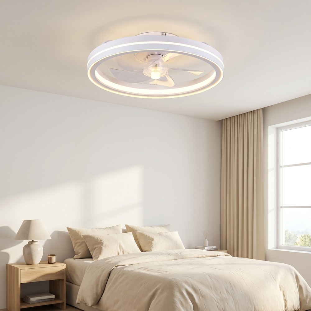 Flush Mount Ceiling Fan 19 inch Smart RGB Light Remote APP Control Kit White