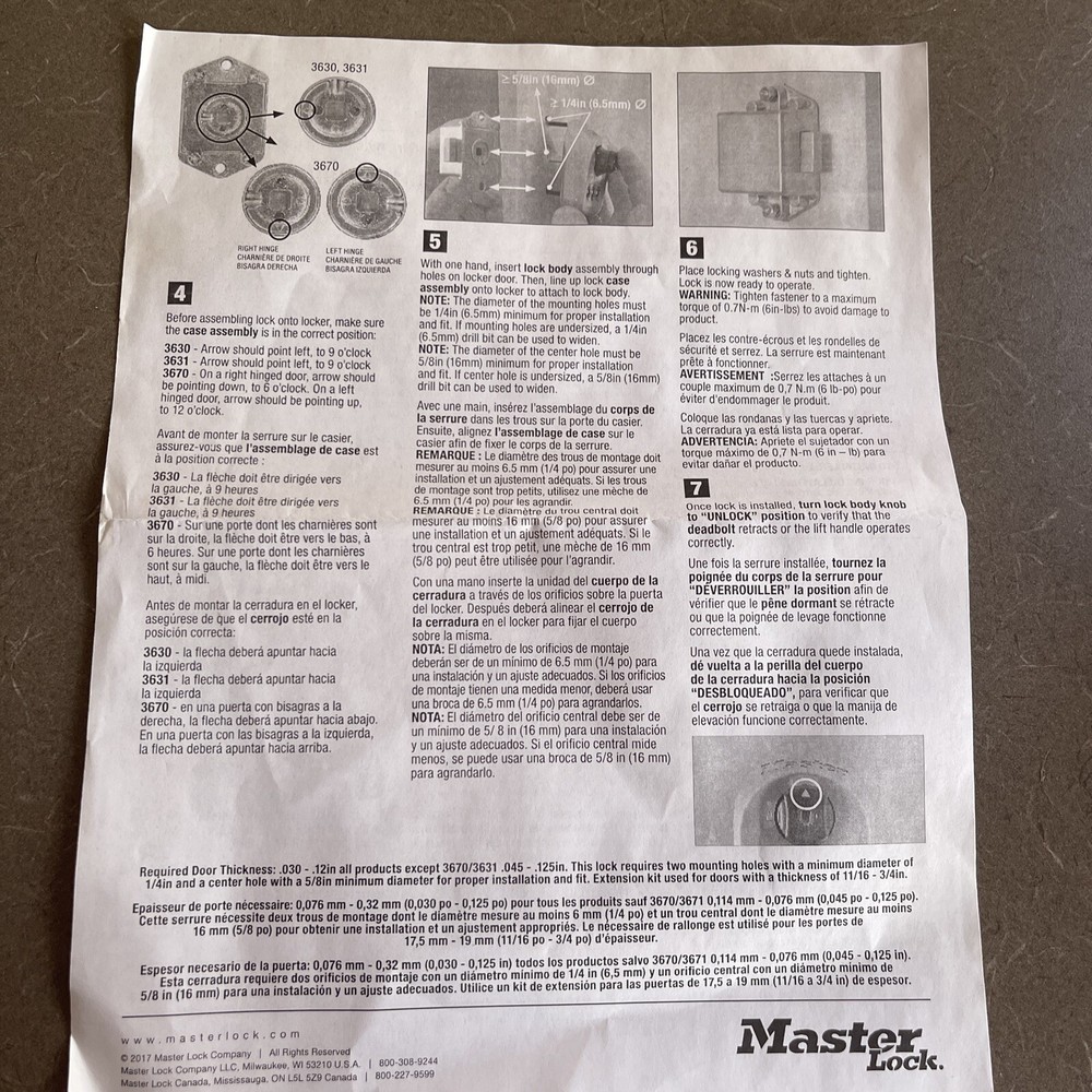 New! Master Lock 3-Digit Combination Deadbolt 3670 Multi-user Locker Lock