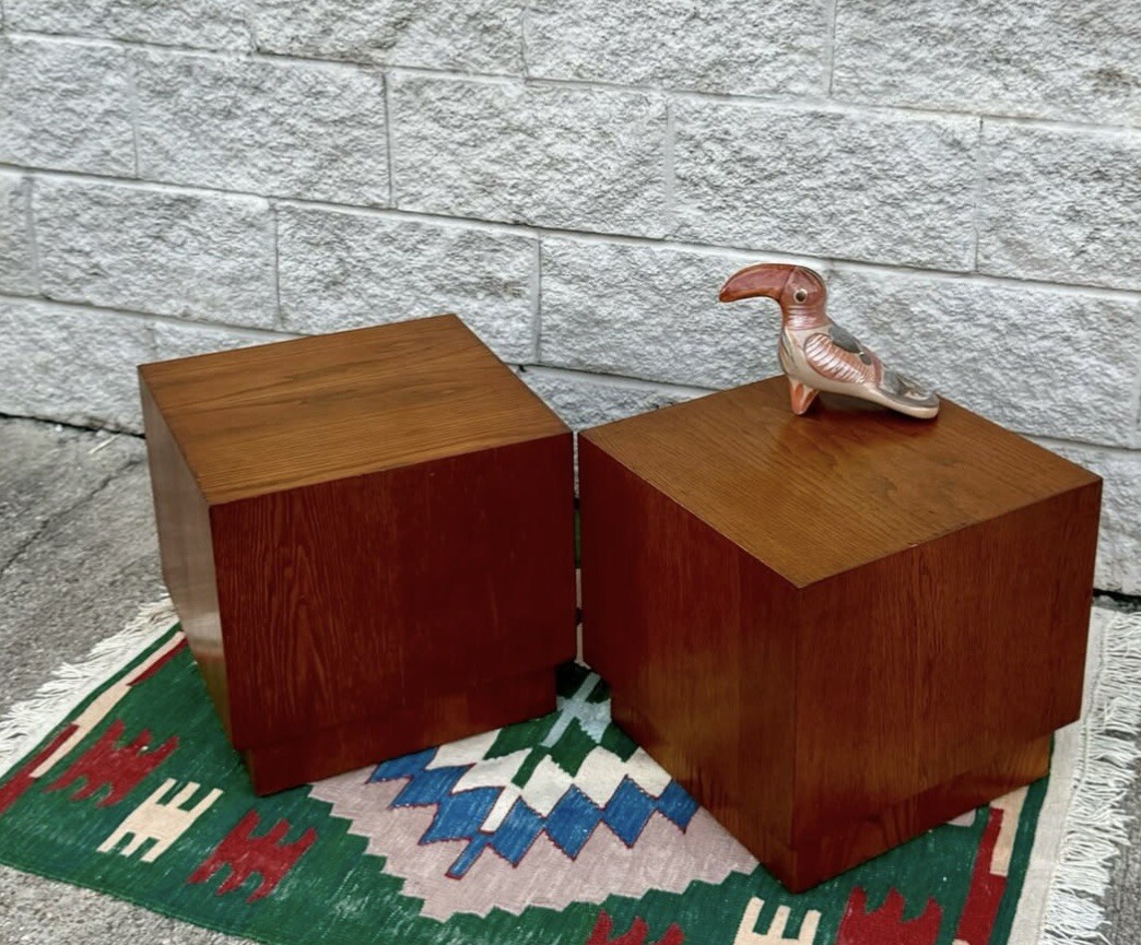 Pair of Walnut Mid Century Modern Cube Shape Side End Tables Plinth Base